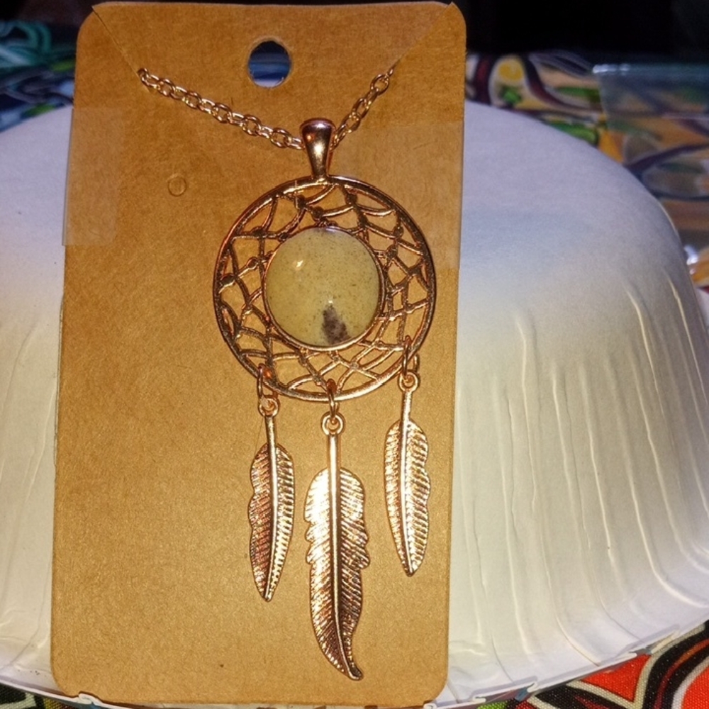 Gold Dreamcatcher Pendant Necklace Hand Made Nebraska River Rock